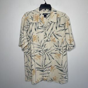 CHEROKEE Shirt Mens Large L 100% Washable Silk Beige Tropical Floral Hawaiian